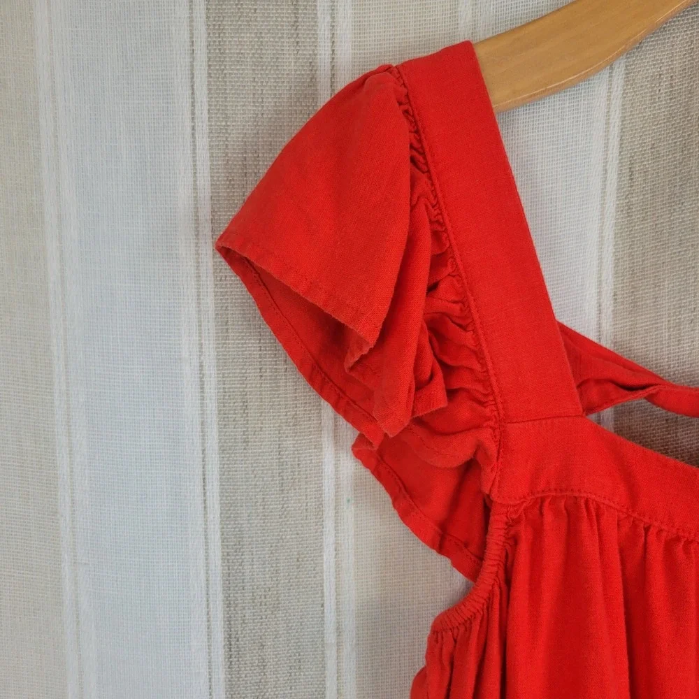 H&M Linen Blend Jumpsuit Vibrant Red Size‎ Large Flutter Ruffle Short Sleeves
